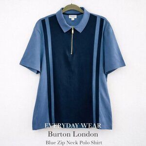 Burton London Blue Zip Neck Polo Shirt Contrast Panels Men’s Large Cotton